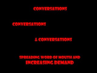 Conversations<br />Conversations<br />& Conversations<br />Spreading Word of Mouth and Increasing Demand<br />