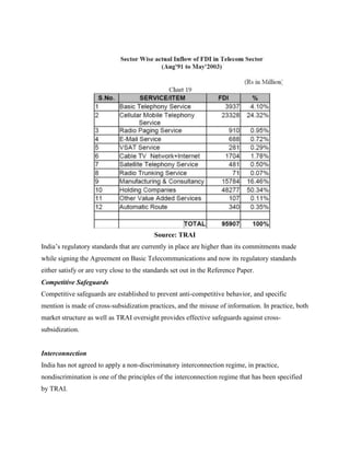 Source: TRAI
India’s regulatory standards that are currently in place are higher than its commitments made
while signing the Agreement on Basic Telecommunications and now its regulatory standards
either satisfy or are very close to the standards set out in the Reference Paper.
Competitive Safeguards
Competitive safeguards are established to prevent anti-competitive behavior, and specific
mention is made of cross-subsidization practices, and the misuse of information. In practice, both
market structure as well as TRAI oversight provides effective safeguards against cross-
subsidization.


Interconnection
India has not agreed to apply a non-discriminatory interconnection regime, in practice,
nondiscrimination is one of the principles of the interconnection regime that has been specified
by TRAI.
 