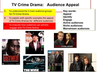 TV Crime Drama: Audience Appeal
C:   To understand the 3 main audience groups       Key words:
     for TV Crime Drama                             Appeal
B    To explain with specific examples the appeal   Identify
     of TV Crime Dramas for different audiences     Engage
                                                    Active audiences
A:   To evaluate how audiences can actively         Niche audiences
      engage with TV Crime Drama                    Mainstream audiences
 