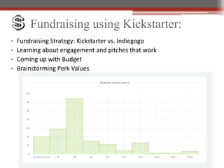 Fundraising using Kickstarter:
?   Fundraising Strategy: Kickstarter vs. Indiegogo
?   Learning about engagement and pitches that work
?   Coming up with Budget
?   Brainstorming Perk Values
 