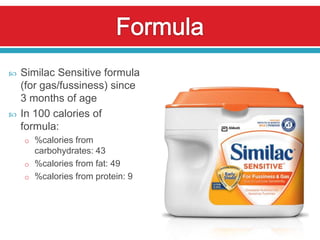    Similac Sensitive formula
    (for gas/fussiness) since
    3 months of age
   In 100 calories of
    formula:
    o %calories from
      carbohydrates: 43
    o %calories from fat: 49
    o %calories from protein: 9
 