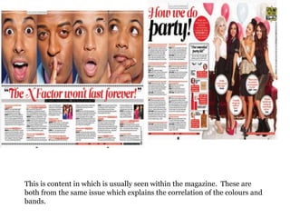This is content in which is usually seen within the magazine. These are
both from the same issue which explains the correlation of the colours and
bands.
 