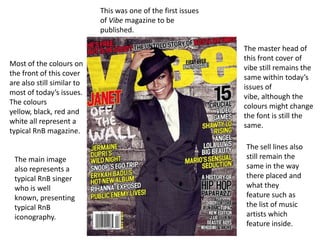 This was one of the first issues
                            of Vibe magazine to be
                            published.

                                                               The master head of
                                                               this front cover of
Most of the colours on
                                                               vibe still remains the
the front of this cover
                                                               same within today’s
are also still similar to
                                                               issues of
most of today’s issues.
                                                               vibe, although the
The colours
                                                               colours might change
yellow, black, red and
                                                               the font is still the
white all represent a
                                                               same.
typical RnB magazine.
                                                               The sell lines also
 The main image                                                still remain the
 also represents a                                             same in the way
 typical RnB singer                                            there placed and
 who is well                                                   what they
 known, presenting                                             feature such as
 typical RnB                                                   the list of music
 iconography.                                                  artists which
                                                               feature inside.
 