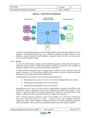 Case Study                                                                Version:      1.0
SOA eBusiness Platform Architecture                                       Date: 1/20/2008

                                Figure 8. Event Driven Architecture




       An ESB is an architectural pattern and can be implemented by many different products across the
       enterprise, and assembled together to act as a federated enterprise bus. Many vendors are now
       offering a complete product to fulfill enterprise integration needs and there are several open-
       source enterprise-capable products.

6.11.1 Benefits
       A service bus enables faster, simpler, and more flexible integration, which enables the business to
       implement services quickly. It reduces the number of interfaces and improves the reusability of
       interface components to cut cycle time from design to deployment.
       An ESB provides features that improve responsiveness, customer service, transaction time, and
       partner interactions. An ESB provides capabilities that enhance both direct connection between
       applications and routing requests between applications.
       An ESB supports the concepts of a services-based implementation by:
               •   Decoupling the consumer’s view of a service from the implementation of a service
               •   Decoupling technical aspects of service interactions
               •   Integrating and managing services in the enterprise
       Decoupling the user’s view of a service from the implementation increases the flexibility of the
       architecture. It allows substitution of one service component for another (for example, if a new
       service is required to fulfill new business requirements) without the user being aware of the
       change or without the need to alter the architecture to support the substitution.
       From a practical, business perspective, what are the benefits of an event-driven architecture?
       Users view virtually all activities as “events” − contract in place, order completed, fulfillment
       complete are a few obvious examples. Enabling the system to respond automatically, based on
       policy and workflow rules, provides a powerful process governance and support capability.



©Cypress Management Group Corp, 2008             www.cmgc.net                               Page 27 of 35
 