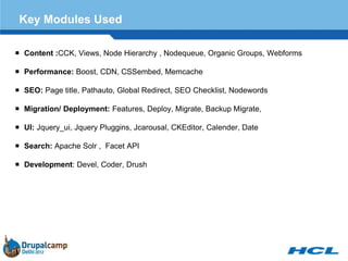 Key Modules Used

 Content :CCK, Views, Node Hierarchy , Nodequeue, Organic Groups, Webforms

 Performance: Boost, CDN, CSSembed, Memcache

 SEO: Page title, Pathauto, Global Redirect, SEO Checklist, Nodewords

 Migration/ Deployment: Features, Deploy, Migrate, Backup Migrate,

 UI: Jquery_ui, Jquery Pluggins, Jcarousal, CKEditor, Calender, Date

 Search: Apache Solr , Facet API

 Development: Devel, Coder, Drush
 