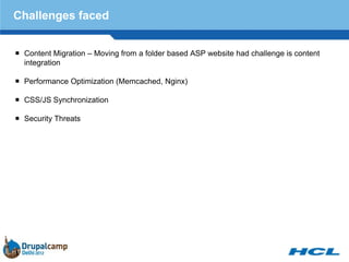 Challenges faced


 Content Migration – Moving from a folder based ASP website had challenge is content
  integration

 Performance Optimization (Memcached, Nginx)

 CSS/JS Synchronization

 Security Threats
 