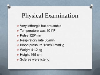 Physical Examination
O Very lethargic but arousable
O Temperature was 101°F
O Pulse 120/min
O Respiratory rate 30/min
O Blood pressure 120/80 mmHg
O Weight 41.2 kg
O Height 165 cm
O Sclerae were icteric
 