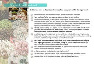 Some of the fine detail….
                Just to note some of the critical elements of the restructure within the department:-

                      Key performance indicators for Customer Service targets were identified
                      Task analysis of what was required to achieve above targets outlined
                      Clear ‘standards based’ job descriptions were drafted, based on tasks identified. These
                      were discussed in detail and then agreed by the individual/department – these included
                      specific performance indicators relevant to their role – these then fed upwards to inform
                      department goals/plans – overall site objectives (and back down again)
                      Weekly team meetings and regular one on one sessions commenced to include every
                      person in the department with the Customer Service Manager, these have been kept
                      consistent in a flat structure with an ‘open door’ approach
                      A full training needs analysis was carried out for the individual/team and implemented,
                      this included finding in-department champions to pass on their knowledge, team building
                      exercises, problem solving workshops, review of processes etc
                      Part of the training aim was to ‘multi-task’ so the expertise was shared, particularly
                      with key accounts so each person had a ‘buddy’ or ‘mentor’ appointed to cover for
                      each other, Team Leaders appointed and developed
                      Each team member was also introduced to an appraisal process carried out every 6
                      months and using a 360 degree approach
                      A shared customer contact system was implemented
                      We put in place effective systems to get customer feedback to inform the process
                      Standardising of the complaints process in line with quality systems.
 