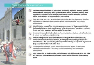Over the last few months:-
                 The emerging team began to participate in creating improved working systems
                 and processes. Identifying ways of dealing with shared problems (dealing with
                 aggressive customers as an example) and coming up with their own solutions
                 which were then put in to practice with full support
                 Clear workflow processes were outlined and used as working documents (this has
                 included critical value stream mapping where customer service ‘touch’ other
                 departments)
                 Identifying the needs of the internal customer was part of the process, this has
                 included building an understanding that ‘other departments’ are often a customer
                 (more and more prevalent with our global perspective)
                 Implementing an effective feedback and communications strategy with all customers
                 to survey how well we are performing
                 Implementing regular ‘cross-department’ meetings to discuss shared issues,
                 improvement plans for key customers, building of understanding between the
                 departments – this has included job swaps and mentoring to help each department
                 fully understand what each other does
                 Creating fresh challenges for the individuals within the teams, to keep them
                 interested and motivated – including succession planning and career path
                 development
                 Fully supporting all aspects of the individual’s job role, clarity now exists and they
                 are therefore empowered to produce the results and accountable for achieving
                 goals.
 