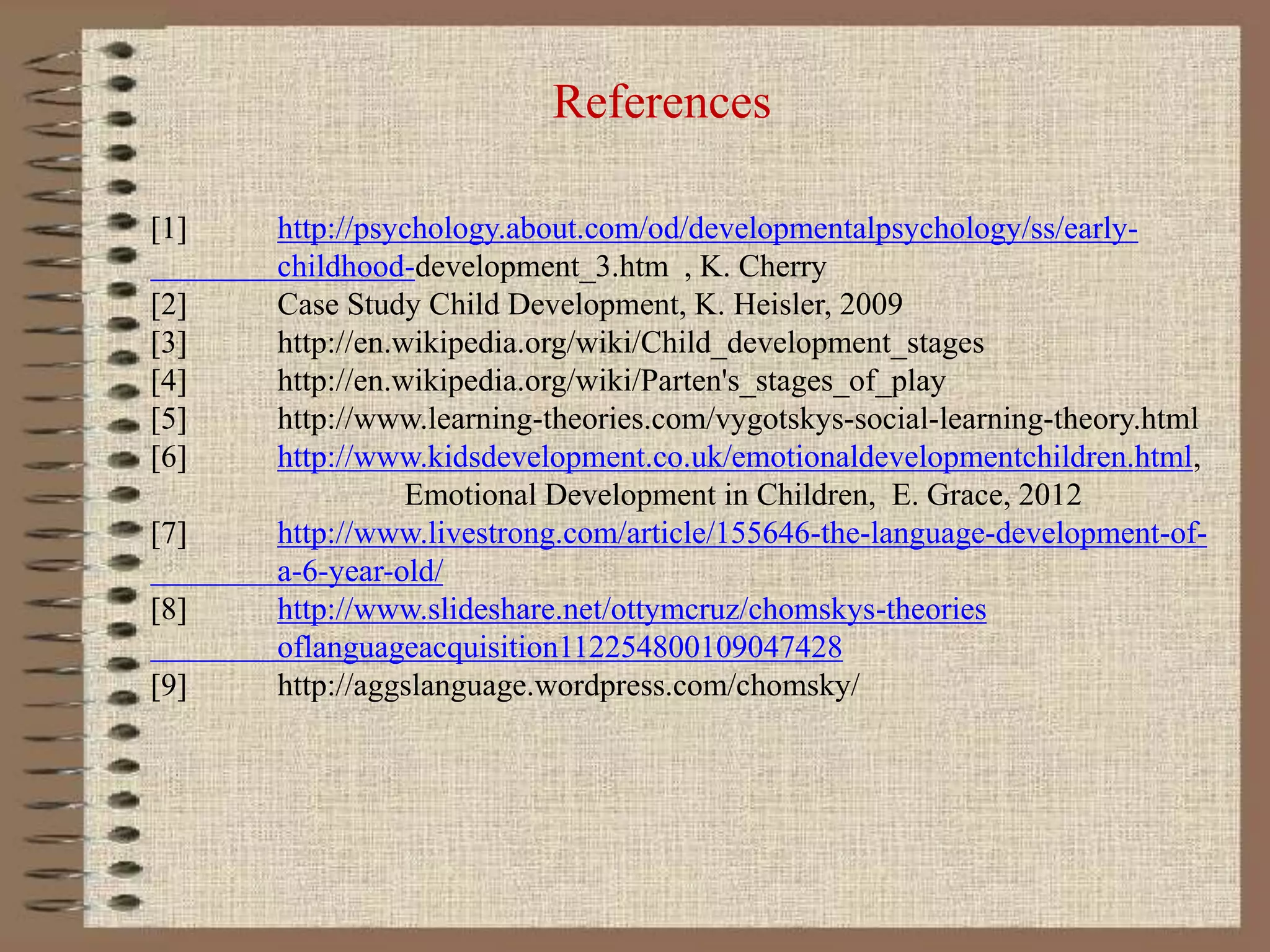 References
[1] http://psychology.about.com/od/developmentalpsychology/ss/early-
childhood-development_3.htm , K. Cherry
[2] Case Study Child Development, K. Heisler, 2009
[3] http://en.wikipedia.org/wiki/Child_development_stages
[4] http://en.wikipedia.org/wiki/Parten's_stages_of_play
[5] http://www.learning-theories.com/vygotskys-social-learning-theory.html
[6] http://www.kidsdevelopment.co.uk/emotionaldevelopmentchildren.html,
Emotional Development in Children, E. Grace, 2012
[7] http://www.livestrong.com/article/155646-the-language-development-of-
a-6-year-old/
[8] http://www.slideshare.net/ottymcruz/chomskys-theories
oflanguageacquisition112254800109047428
[9] http://aggslanguage.wordpress.com/chomsky/
 