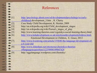 References
[1] http://psychology.about.com/od/developmentalpsychology/ss/early-
childhood-development_3.htm , K. Cherry
[2] Case Study Child Development, K. Heisler, 2009
[3] http://en.wikipedia.org/wiki/Child_development_stages
[4] http://en.wikipedia.org/wiki/Parten's_stages_of_play
[5] http://www.learning-theories.com/vygotskys-social-learning-theory.html
[6] http://www.kidsdevelopment.co.uk/emotionaldevelopmentchildren.html,
Emotional Development in Children, E. Grace, 2012
[7] http://www.livestrong.com/article/155646-the-language-development-of-
a-6-year-old/
[8] http://www.slideshare.net/ottymcruz/chomskys-theories
oflanguageacquisition112254800109047428
[9] http://aggslanguage.wordpress.com/chomsky/
 