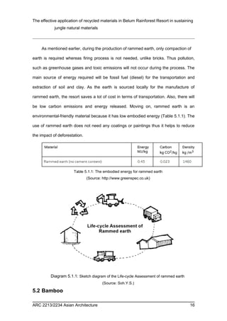 The effective application of recycled materials in Belum Rainforest Resort in sustaining 
jungle natural materials 
As mentioned earlier, during the production of rammed earth, only compaction of 
earth is required whereas firing process is not needed, unlike bricks. Thus pollution, 
such as greenhouse gases and toxic emissions will not occur during the process. The 
main source of energy required will be fossil fuel (diesel) for the transportation and 
extraction of soil and clay. As the earth is sourced locally for the manufacture of 
rammed earth, the resort saves a lot of cost in terms of transportation. Also, there will 
be low carbon emissions and energy released. Moving on, rammed earth is an 
environmental-friendly material because it has low embodied energy (Table 5.1.1). The 
use of rammed earth does not need any coatings or paintings thus it helps to reduce 
the impact of deforestation. 
Table 5.1.1: The embodied energy for rammed earth 
(Source: http://www.greenspec.co.uk) 
Diagram 5.1.1: Sketch diagram of the Life-cycle Assessment of rammed earth 
(Source: Soh.Y.S.) 
5.2 Bamboo 
ARC 2213/2234 Asian Architecture 16 
 