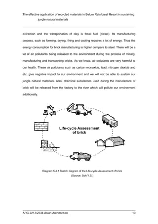 The effective application of recycled materials in Belum Rainforest Resort in sustaining 
jungle natural materials 
extraction and the transportation of clay is fossil fuel (diesel). Its manufacturing 
process, such as forming, drying, firing and cooling requires a lot of energy. Thus the 
energy consumption for brick manufacturing is higher compare to steel. There will be a 
lot of air pollutants being released to the environment during the process of mining, 
manufacturing and transporting bricks. As we know, air pollutants are very harmful to 
our health. These air pollutants such as carbon monoxide, lead, nitrogen dioxide and 
etc. give negative impact to our environment and we will not be able to sustain our 
jungle natural materials. Also, chemical substances used during the manufacture of 
brick will be released from the factory to the river which will pollute our environment 
additionally. 
Diagram 5.4.1 Sketch diagram of the Life-cycle Assessment of brick 
(Source: Soh.Y.S.) 
ARC 2213/2234 Asian Architecture 19 
 