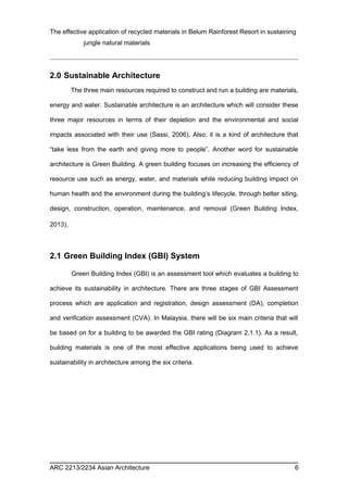 The effective application of recycled materials in Belum Rainforest Resort in sustaining 
jungle natural materials 
2.0 Sustainable Architecture 
The three main resources required to construct and run a building are materials, 
energy and water. Sustainable architecture is an architecture which will consider these 
three major resources in terms of their depletion and the environmental and social 
impacts associated with their use (Sassi, 2006). Also, it is a kind of architecture that 
“take less from the earth and giving more to people”. Another word for sustainable 
architecture is Green Building. A green building focuses on increasing the efficiency of 
resource use such as energy, water, and materials while reducing building impact on 
human health and the environment during the building’s lifecycle, through better siting, 
design, construction, operation, maintenance, and removal (Green Building Index, 
2013). 
2.1 Green Building Index (GBI) System 
Green Building Index (GBI) is an assessment tool which evaluates a building to 
achieve its sustainability in architecture. There are three stages of GBI Assessment 
process which are application and registration, design assessment (DA), completion 
and verification assessment (CVA). In Malaysia, there will be six main criteria that will 
be based on for a building to be awarded the GBI rating (Diagram 2.1.1). As a result, 
building materials is one of the most effective applications being used to achieve 
sustainability in architecture among the six criteria. 
ARC 2213/2234 Asian Architecture 6 
 