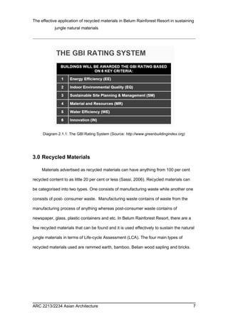 The effective application of recycled materials in Belum Rainforest Resort in sustaining 
jungle natural materials 
Diagram 2.1.1: The GBI Rating System (Source: http://www.greenbuildingindex.org) 
3.0 Recycled Materials 
Materials advertised as recycled materials can have anything from 100 per cent 
recycled content to as little 20 per cent or less (Sassi, 2006). Recycled materials can 
be categorised into two types. One consists of manufacturing waste while another one 
consists of post- consumer waste. Manufacturing waste contains of waste from the 
manufacturing process of anything whereas post-consumer waste contains of 
newspaper, glass, plastic containers and etc. In Belum Rainforest Resort, there are a 
few recycled materials that can be found and it is used effectively to sustain the natural 
jungle materials in terms of Life-cycle Assessment (LCA). The four main types of 
recycled materials used are rammed earth, bamboo, Belian wood sapling and bricks. 
ARC 2213/2234 Asian Architecture 7 
 