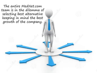 The entire MedNet.com
team is in the dilemma of
selecting best alternative
keeping in mind the best
growth of the company.
 
