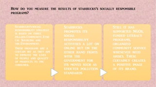 How do you measure the results of starbucks’s socially responsible
programs?
Starbucks’s social
responsibility strategy
is based on three
pillars: Community, Ethi
cal Sourcing and
the Environment.
These programs are a
certain hit as they aim
to improve the lives
of people and quality
of products to the
consumer.
Starbucks
promotes its
social
responsibility
activities a lot on
online but on the
other hand fights
with the
government for
its moves such as
stricter pollution
standards
Still it has
supported NGOs,
funded literacy
programs,
organized
community service
whenever need
arises. These
certainly creates
a positive image
of its brand.
 