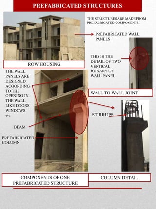 ROW HOUSING
PREFABRICATED STRUCTURES
THE STRUCTURES ARE MADE FROM
PREFABRICATED COMPONENTS.
PREFABRICATED WALL
PANELS
THIS IS THE
DETAIL OF TWO
VERTICAL
JOINARY OF
WALL PANEL
WALL TO WALL JOINT
PREFABRICATED
COLUMN
THE WALL
PANELS ARE
DESIGNED
ACOORDING
TO THE
OPENING IN
THE WALL
LIKE DOORS
WINDOWS
etc.
BEAM
COMPONENTS OF ONE
PREFABRICATED STRUCTURE
STIRRUPS
COLUMN DETAIL
 
