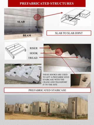 PREFABRICATED STRUCTURES
BEAM
SLAB TO SLAB JOINT
WALL
SLAB
RISER
HOOK
TREAD
THESE HOOKS ARE USED
TO LIFT A PREFABRICATED
STAIRCASE WITH THE
CRANE AND TRANSPORT
IT TO THE SITE
PREFABRICATED STAIRCASE
 