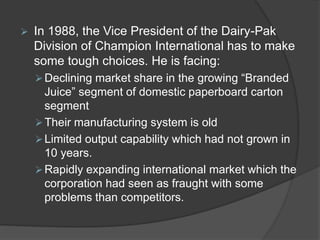  In 1988, the Vice President of the Dairy-Pak
Division of Champion International has to make
some tough choices. He is facing:
Declining market share in the growing “Branded
Juice” segment of domestic paperboard carton
segment
Their manufacturing system is old
Limited output capability which had not grown in
10 years.
Rapidly expanding international market which the
corporation had seen as fraught with some
problems than competitors.
 