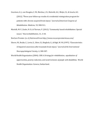 Geurtsen, G. J., van Heugten, C. M., Martina, J. D., Rietveld, A.C., Meijer, R., & Geurts, A.C.
(2012). “Three-year follow-up results of a residential reintegration program for
patients with chronic acquired brain injury.” Journal of American Congress of
Rehabilitation Medicine, 93, 908-911.
Martelli, M. F., Zasler, N. D., & Tiernan, P. (2012). “Community based rehabilitation: Special
issues.” Neurorehabilitation, 31, 3-18.
ResCare Premier. (n. d.) Retrieved from http://www.rescarepremiertexas.com/
Sherer, M., Boake, C., Levin, E., Silver, B., Ringholz, G., & High, W. M. (1997). “Characteristics
of impaired awareness after traumatic brain injury.” Journal of the International
Neuropsychological Society, 4, 380-387.
World Health Organization (2004). CBR: A Strategy for rehabilitation, equalization of
opportunities, poverty reduction, and social inclusion of people with disabilities. World
Health Organization: Geneva, Switzerland.
 