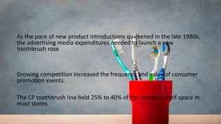 As the pace of new product introductions quickened in the late 1980s,
the advertising media expenditures needed to launch a new
toothbrush rose
Growing competition increased the frequency and value of consumer
promotion events.
The CP toothbrush line held 25% to 40% of the category shelf space in
most stores.
 