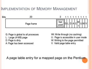 IMPLEMENTATION OF MEMORY MANAGEMENT
A page table entry for a mapped page on the Pentium
Ceng334-OperatingSystems
 