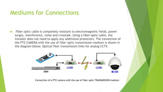 Mediums for Connections
 Fiber optic cable is completely resistant to electromagnetic fields, power
surges, interference, noise and crosstalk. Using a fiber optic cable, the
installer does not need to apply any additional protectors. The connection of
the PTZ CAMERA with the use of fiber optic transmission medium is shown in
the diagram below. Optical fiber transmission links for analog CCTV.
Connection of a PTZ camera with the use of fiber optic TRANSMISSION medium
 