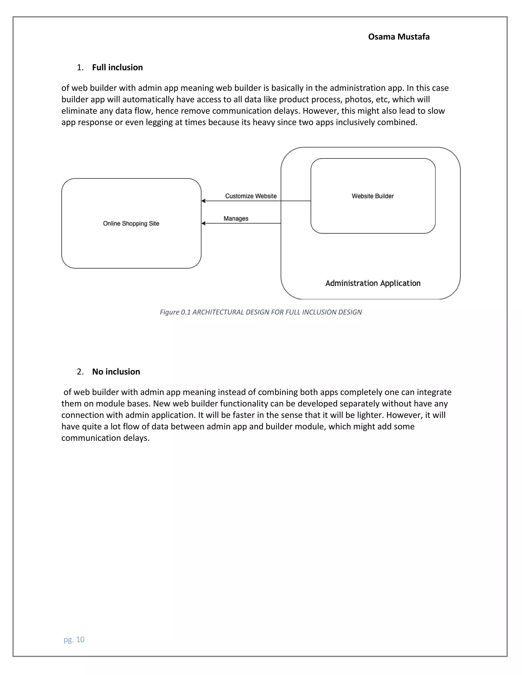 Osama Mustafa
pg. 10
1. Full inclusion
of web builder with admin app meaning web builder is basically in the administration app. In this case
builder app will automatically have access to all data like product process, photos, etc, which will
eliminate any data flow, hence remove communication delays. However, this might also lead to slow
app response or even legging at times because its heavy since two apps inclusively combined.
Figure 0.1 ARCHITECTURAL DESIGN FOR FULL INCLUSION DESIGN
2. No inclusion
of web builder with admin app meaning instead of combining both apps completely one can integrate
them on module bases. New web builder functionality can be developed separately without have any
connection with admin application. It will be faster in the sense that it will be lighter. However, it will
have quite a lot flow of data between admin app and builder module, which might add some
communication delays.
 