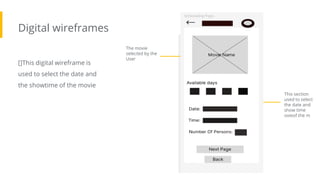 Digital wireframes
[]This digital wireframe is
used to select the date and
the showtime of the movie
The movie
selected by the
User
Insert second
wireframe example that
demonstrates design
thinking aligned with
user research This section
used to select
the date and
show time
ovieof the m
 