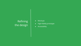 ● Mockups
● High-fidelity prototype
● Accessibility
Refining
the design
 