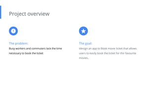 The problem:
Busy workers and commuters lack the time
necessary to book the ticket
Project overview
The goal:
Idesign an app to Book movie ticket that allows
users to easily book the ticket for thir favourite
movies..
 