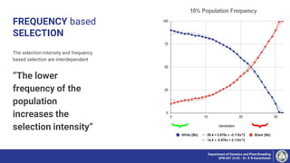 FREQUENCY based
SELECTION
{
The selection intensity and frequency
based selection are interdependent
“The lower
frequency of the
population
increases the
selection intensity”
{
Department of Genetics and Plant Breeding
GPB 607 (3+0) - Dr. K N Ganeshaiah
 