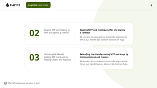 9
Logistics Case Study
The MVP took approx. 520 hours in total
02
Scoping MVP and making an
offer and signing a contract
Scoping MVP and making an offer and signing
a contract
At vero eos et accusamus et iusto odio dignissimos
dmus qui elenitis est laborum et dolorum fuga.
03
Extending the already
existing MVP mock-ups by
missing screens and features
Extending the already existing MVP mock-ups by
missing screens and features
At vero eos et accusamus et iusto odio dignissimos
dmus qui blanditis praes laborum et dolorum fuga.
 