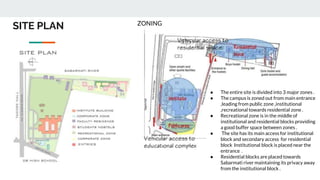 SITE PLAN ZONING
● The entire site is divided into 3 major zones .
● The campus is zoned out from main entrance
,leading from public zone ,institutional
,recreational towards residential zone .
● Recreational zone is in the middle of
institutional and residential blocks providing
a good buffer space between zones .
● The site has its main access for institutional
block and secondary access for residential
block Institutional block is placed near the
entrance .
● Residential blocks are placed towards
Sabarmati river maintaining its privacy away
from the institutional block .
 