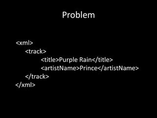 Problem

<xml>
   <track>
         <title>Purple Rain</title>
         <artistName>Prince</artistName>
   </track>
</xml>
 