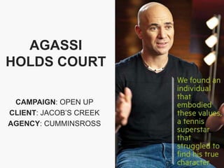 AGASSI
HOLDS COURT
CAMPAIGN: OPEN UP
CLIENT: JACOB’S CREEK
AGENCY: CUMMINSROSS

 