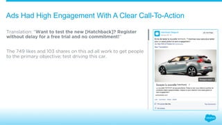 Ads Had High Engagement With A Clear Call-To-Action 
Translation: “Want to test the new [Hatchback]? Register 
without delay for a free trial and no commitment!” 
The 749 likes and 103 shares on this ad all work to get people 
to the primary objective; test driving this car. 
Hatchback Belgium 
hatchbacks 
autowebsite.com 
hatchbacks 
hatchback 
hatchback 
 