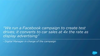 “We run a Facebook campaign to create test 
drives; it converts to car sales at 4x the rate as 
display advertising” 
- Digital Manager in charge of the campaign 
 