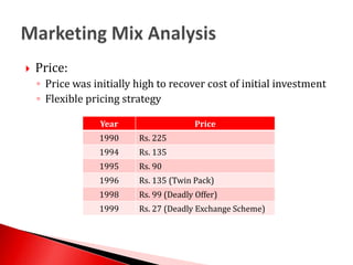 Price: Price was initially high to recover cost of initial investmentFlexible pricing strategyMarketing Mix Analysis