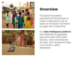 The Gates Foundation
partnered with SocialCops to
create a data-driven way for
teams at the Gates Foundation
to target their investments.
Our data intelligence platform
was deployed to aggregate
agriculture data from public
sources, clean and structure
the data, and visualize the data
in an intuitive, useful
dashboard.
Overview
 