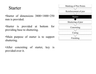 Finishing
Curing
Concreting
Shuttering of pier
Starter
Reinforcement of pier
Marking of Pier Points
Starter
•Starter of dimensions 3800×1800×250
mm is provided.
•Starter is provided at bottom for
providing base to shuttering.
•Main purpose of starter is to support Finishing
•Main purpose of starter is to support
shuttering.
•After concreting of starter, key is
provided over it.
 