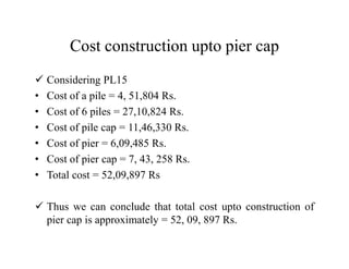 Cost construction upto pier cap
Considering PL15
• Cost of a pile = 4, 51,804 Rs.
• Cost of 6 piles = 27,10,824 Rs.
• Cost of pile cap = 11,46,330 Rs.
• Cost of pier = 6,09,485 Rs.
• Cost of pier cap = 7, 43, 258 Rs.
• Total cost = 52,09,897 Rs
Thus we can conclude that total cost upto construction of
pier cap is approximately = 52, 09, 897 Rs.
 
