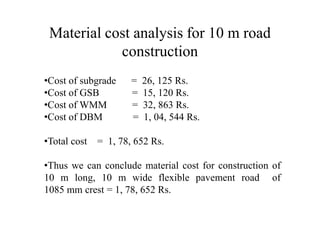 Material cost analysis for 10 m road
construction
•Cost of subgrade = 26, 125 Rs.
•Cost of GSB = 15, 120 Rs.
•Cost of WMM = 32, 863 Rs.
•Cost of DBM = 1, 04, 544 Rs.
•Total cost = 1, 78, 652 Rs.
•Thus we can conclude material cost for construction of
10 m long, 10 m wide flexible pavement road of
1085 mm crest = 1, 78, 652 Rs.
 