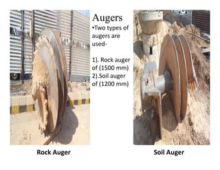 Augers
•Two types of
augers are
used-
1). Rock auger
of (1500 mm)
2).Soil auger
of (1200 mm)
Rock Auger Soil Auger
of (1200 mm)
 