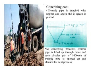 Concreting cont.
• Treamie pipe is attached with
hopper and above the it screen is
placed.
•As concreting proceeds treamie
pipe is lifted up through crane and
each circular part of 1400mm of
treamie pipe is opened up and
cleaned for next process.
 