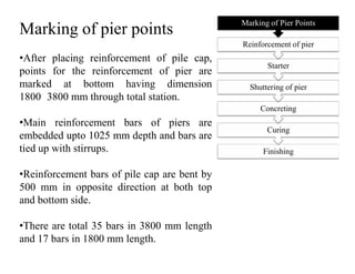 Curing
Concreting
Shuttering of pier
Starter
Reinforcement of pier
Marking of Pier Points
Marking of pier points
•After placing reinforcement of pile cap,
points for the reinforcement of pier are
marked at bottom having dimension
1800 3800 mm through total station.
•Main reinforcement bars of piers are
embedded upto 1025 mm depth and bars are
Finishing
embedded upto 1025 mm depth and bars are
tied up with stirrups.
•Reinforcement bars of pile cap are bent by
500 mm in opposite direction at both top
and bottom side.
•There are total 35 bars in 3800 mm length
and 17 bars in 1800 mm length.
 