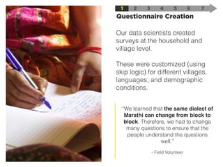 Our data scientists created
surveys at the household and
village level.
These were customized (using
skip logic) for different villages,
languages, and demographic
conditions.
1 2
Questionnaire Creation
3 4 5 6 7
“We learned that the same dialect of
Marathi can change from block to
block. Therefore, we had to change
many questions to ensure that the
people understand the questions
well.” 
 
- Field Volunteer
 