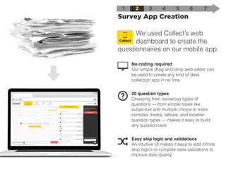 We used Collect’s web
dashboard to create the
questionnaires on our mobile app.
1 2
Survey App Creation
3 4 5 6 7
No coding required
Our simple drag-and-drop web editor can
be used to create any kind of data
collection app in no time.
Easy skip logic and validations
An intuitive UI makes it easy to add inﬁnite
skip logics or complex data validations to
improve data quality.
20 question types
Choosing from numerous types of
questions — from simple types like
subjective and multiple choice to more
complex media, tabular, and location
question types — makes it easy to build
any questionnaire.
Collect
 
