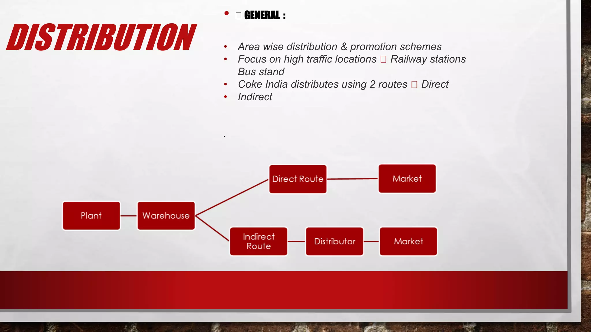 DISTRIBUTION
• GENERAL :
• Area wise distribution & promotion schemes
• Focus on high traffic locations Railway stations
Bus stand
• Coke India distributes using 2 routes Direct
• Indirect
•
 